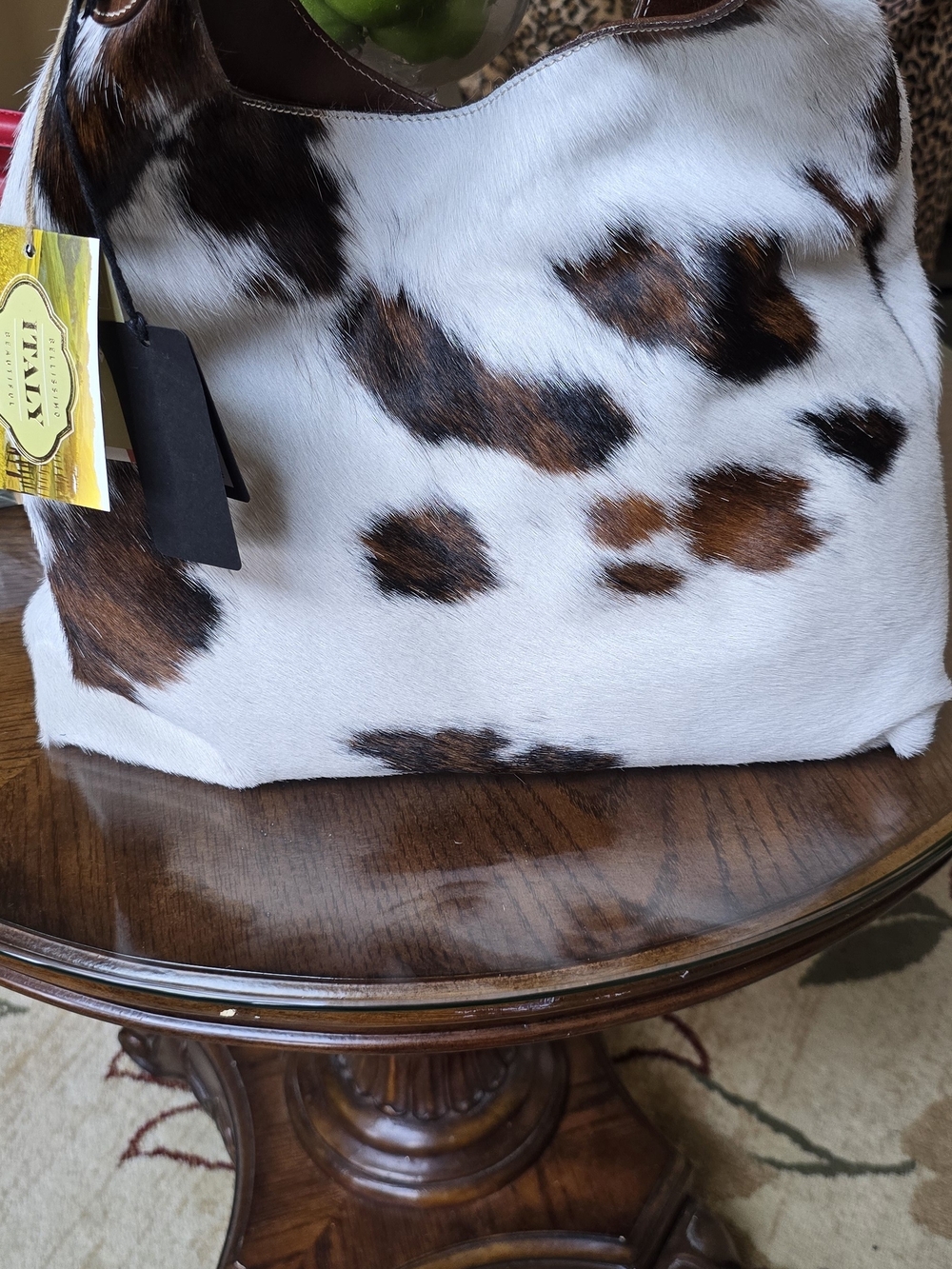 Cowhide Calvacanti Shoulder Tote in White and Chocolate Brown.